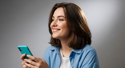 Fototapeta premium Young woman smiling holding smartphone looking up and right engaging with device
