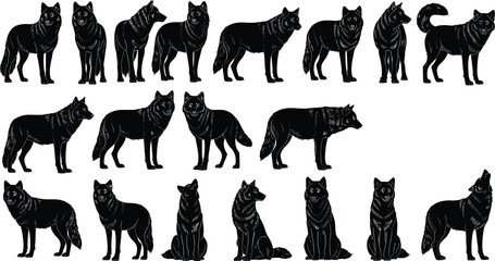 Wolf silhouette set, black vector icons, standing, walking, sitting, howling poses, isolated clipart for wildlife, nature, animal behavior, design, art