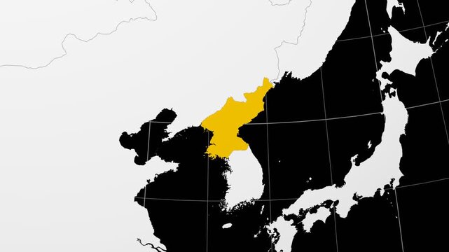 Dem. Rep. Korea map. Animated zoom into the country on the Globe in Black White color palette. Country logo animation. Map with meridians, parallels. Artistic video.