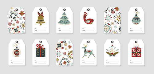 Vector set of Christmas gift tags in Nordic folk style with floral ornaments, reindeer, bell, bird, tree and present. Cozy winter collection for holiday packaging, greeting cards, festive decor