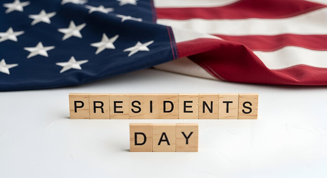 Presidents Day Celebration American Flag with Wooden Letter Blocks on White Background US National Holiday Concept