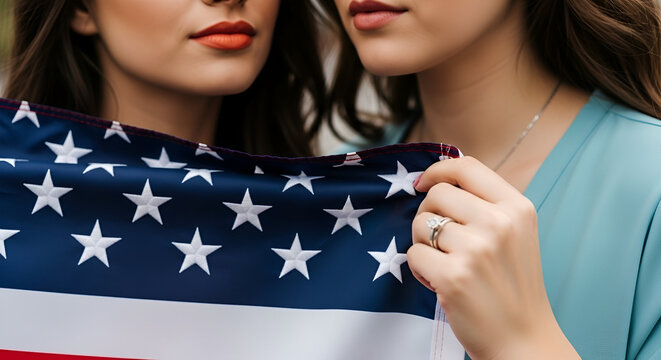 Patriotic Young Women Holding American Flag with Pride and Unity - Powered by Adobe