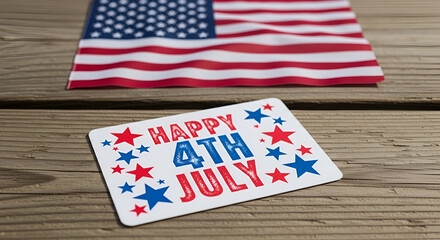 Obraz premium Happy 4th of July Card with American Flag on Rustic Wood Background Patriotic US Independence Day Celebration