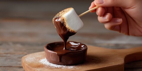 Toasted marshmallow dipping into melted chocolate fondue