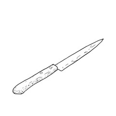 Kitchen knife with wooden handle, hand-drawn sketch. Vector illustration. The cutlery is isolated on a white background. The concept of cooking, slicing vegetables and fruits,