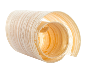 Close-up of a curled wood shaving revealing intricate grain patterns on black backdrop