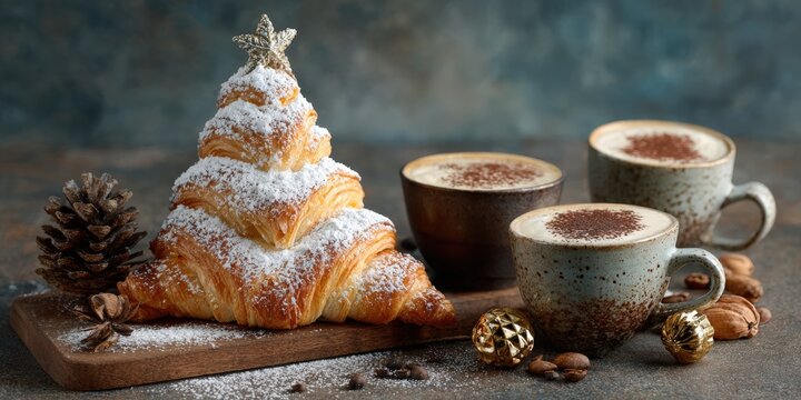 Croissant christmas tree with coffee cups festive breakfast - Powered by Adobe