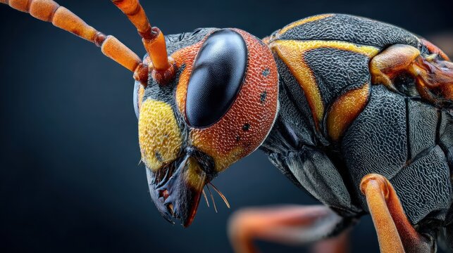 Detailed macro shot of a wasp head showing intricate colors and textures