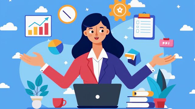 A woman focused on her laptop screen, multitasking in a modern workspace, Business woman multitasking, Simple and minimalist flat 2d Animation