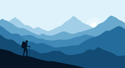 Obraz premium Lone Hiker Silhouette in Blue Mountain Landscape at Sunrise - Minimalist Flat Design Adventure Background Vector