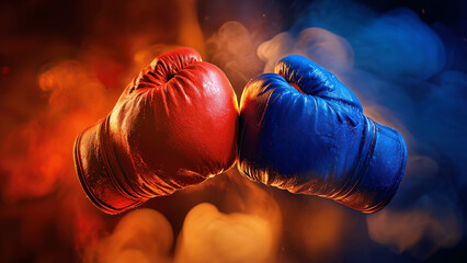 Two boxing gloves, red and blue, clash in dramatic slow motion surrounded by smoke and light. Competition, strength, determination, and power. Sports ads, motivation videos and sports betting