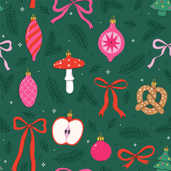 Seamless pattern with Christmas tree decorations, fir branches, and bows. Vector graphics.