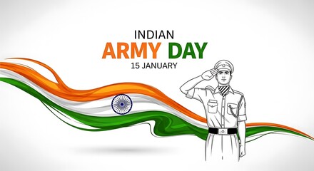 Indian army day celebration illustration featuring a saluting soldier and the indian flag isolated on white background, honoring the nations armed forces