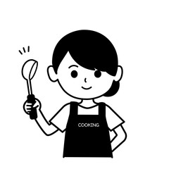 Fototapeta premium エプロンをした女性のイラスト モノクロ,お玉を持つ人物 料理家,上半身,シンプル,店員,ショップ,スーパー,素材