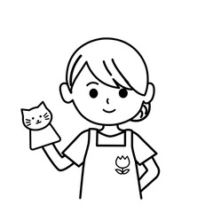 ネコのぬいぐるみを持った保育士のイラスト　モノクロ,単色,人物,上半身,エプロン,シンプル,素材,