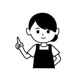 指差ししているエプロンをした女性のイラスト　モノクロ,単色,人物,上半身,シンプル,店員,ショップ,スーパー,素材,料理研究家