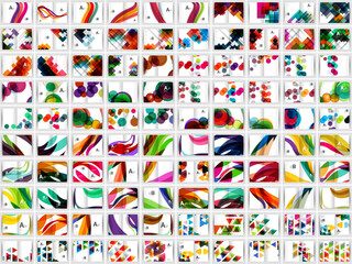 Numerous abstract designs, vibrant colors, geometric shapes, dynamic compositions. Patterns dominate, creating visual complexity.