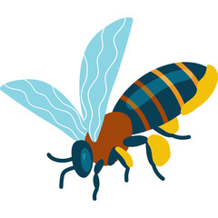 Cartoon bee illustration with transparent background depicting a flying insect with blue translucent wings yellow body and dark blue stripes isolated on white