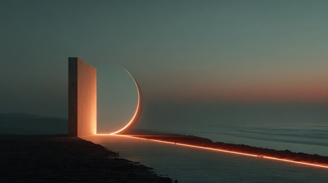 Minimalist architectural portal with glowing orange light on a serene twilight seascape abstract - Powered by Adobe