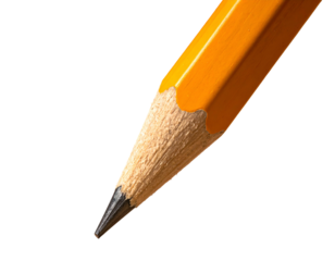 Close-up of a sharpened, yellow writing utensil's lead and wood tip on black