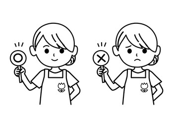 マルとバツを出す保育士のイラスト　モノクロ,エプロンをした女性　,先生,保育園,幼稚園,上半身,シンプル,店員,ショップ,素材,お母さん