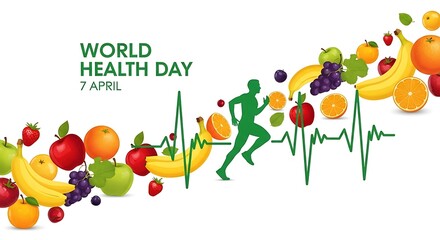 World health day with fruits and running man isolated on white background, promoting healthy lifestyle and wellbeing
