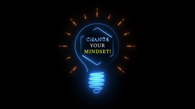 An animated neon light bulb with the quote "CHANGE YOUR MINDSET!". Represents motivational thinking, personal development.Technology, Internet and network concept.