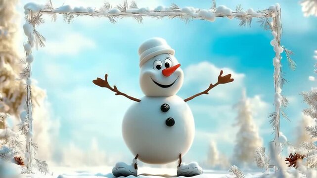 Cartoon snowman with exaggerated features joyfully hopping in a snowy winter landscape