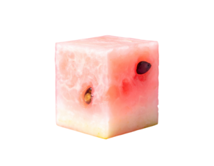 A cube of watermelon, showing red flesh, seeds, and a rind, isolated on black