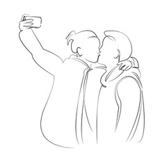 One continuous line drawing on white isolated background. Minimalism linear illustration. picture, love, couple, man, woman, person, phone, together, happy, romantic