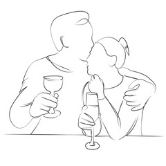 One continuous line drawing on white isolated background. Minimalism linear illustration. person, love, couple, sitting, alcohol, bar, smiling, drinking, woman, drink