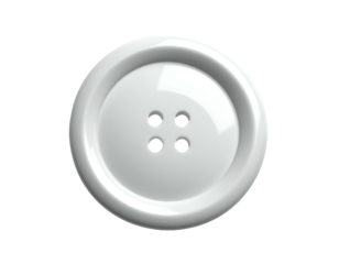A single, glossy, white button with four holes, centered on a black background
