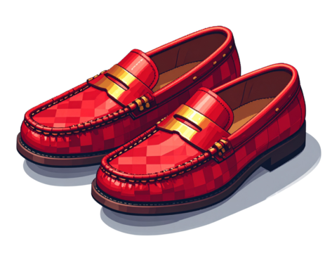  Isometric Red Checkered Loafers With Gold Buckle, 3D Pixel Perspective Footwear Illustration, Isolated
