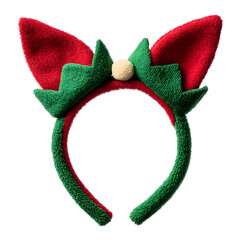 Festive red and green elf ears headband with a yellow pom pom isolated on white background