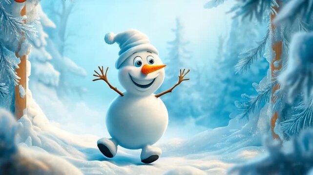 Cartoon snowman with exaggerated features joyfully hopping in a snowy winter landscape