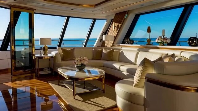 Luxury yacht living room with panoramic windows, wooden flooring, and elegant decor