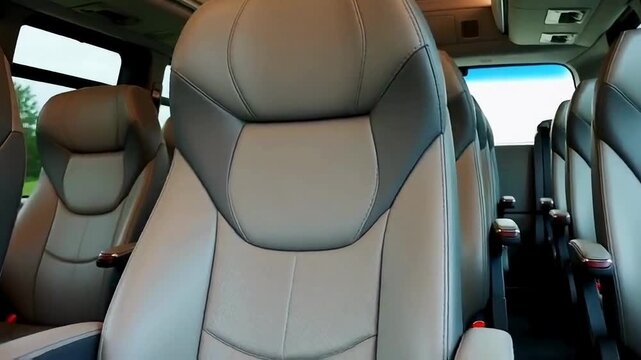 Modern bus interior with ergonomic seating, LED lights, and neutral tones