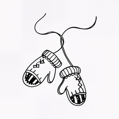 Connected Winter Mittens Line Art Vector, Minimal Cozy Gloves Illustration, Elegant Cold Weather Outline, Continuous String Mittens Clipart