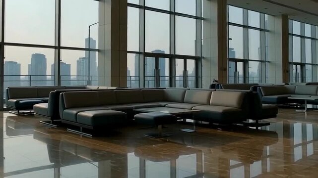 Train station lounge interior with modern seating, glass walls, and natural light