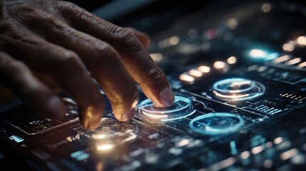Hand interacting with futuristic control panel