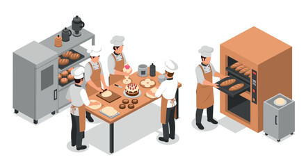 Busy bakery with chefs baking and decorating in isometric style kitchen