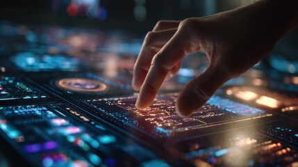 Hand interacting with illuminated digital interface