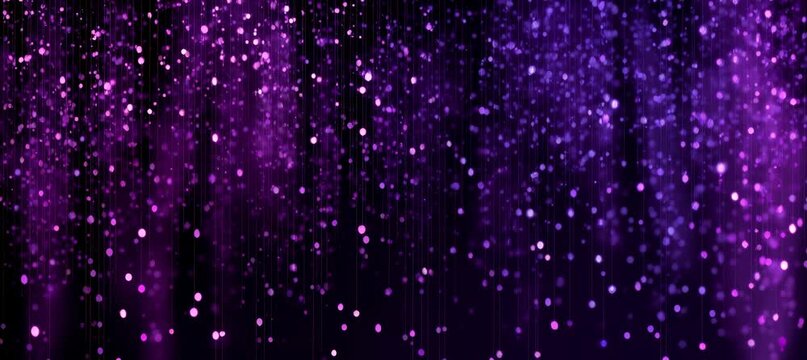 Shiny purple violet lights sparkle glitter rain on dark background. Generative video AI technology.