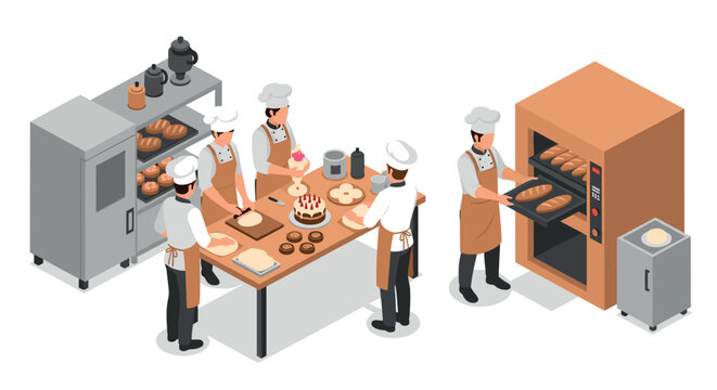 Busy bakery with chefs baking and decorating in isometric style kitchen - Powered by Adobe