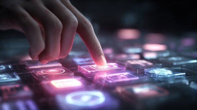 Hand interacting with futuristic interface - Powered by Adobe