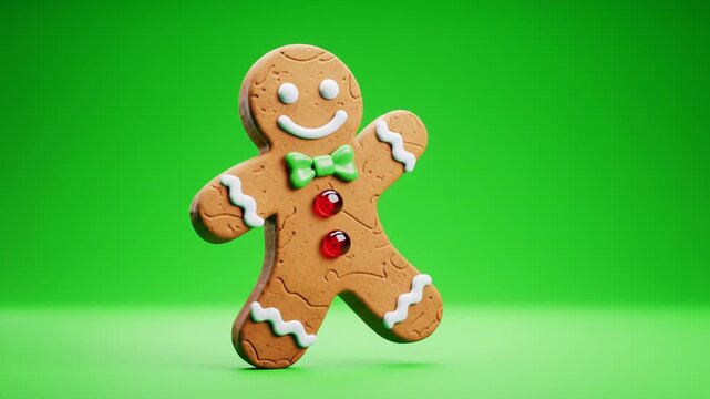 A cheerful 3D animated gingerbread man cookie with icing smile, gumdrop buttons, green bow tie, dancing exuberantly on green screen. Concept of whimsical festivity