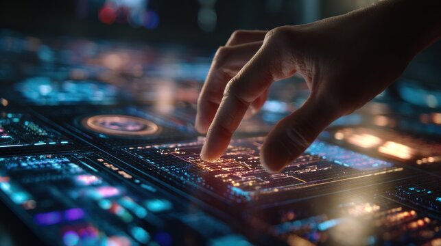 Hand interacting with illuminated digital interface - Powered by Adobe