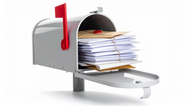 An open mailbox filled with letters. The red flag is raised, indicating new mail