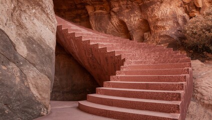 Ascending Terracotta, Stairway to Somewhere Unknown, Textured Rock, Winding Ascent.