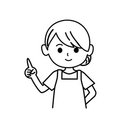 指差ししているエプロンをした女性のイラスト　モノクロ,単色,人物,上半身,シンプル,店員,ショップ,スーパー,素材,料理研究家